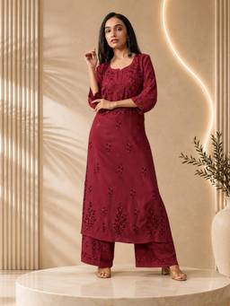 Gahan - Women Motifs Embroidered Kurta Thread Work Rayon Kurta with Palazzo - Maroon