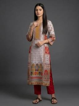 Gahan - Women Grey Floral Printed Gota Embellished Kurta With Solid Pant - Off White