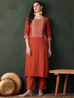 Gahan - Rust Embroidered Kurta and Flared Flex Kurti