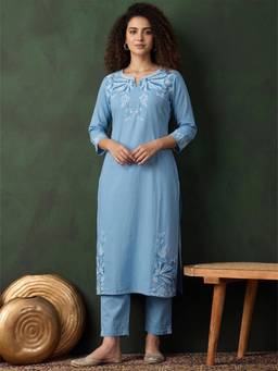 Gahan - Womens Ethnic Solid Sky blue Round Neck With V Notch A Line Kurta with Pant and Dupatta