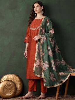 Gahan - Women Embroidered Straight Kurta With Solid Pant And Printed Dupatta - Rust