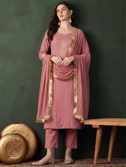 Gahan - Women Mauve Straight Kurta With Tonal Bottom & Dupatta