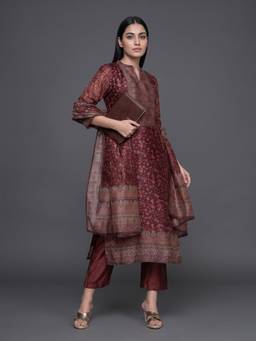 Gahan - Women Brown Printed Straight Kurta Paired With Pant And Dupatta