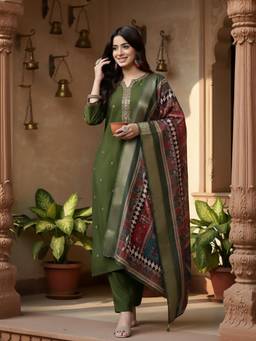 Gahan - Women Olive Green Embroidered Kurta Paired with Pant & Dupatta