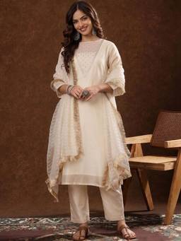 Gahan - Women Zari Embroidered And Sequence Kurta With Pant And Dupatta - Off White