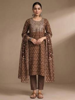 Gahan - Brown Ethnic Jaipuri Printed Thread Embroidered Kurta with Pant & Dupatta
