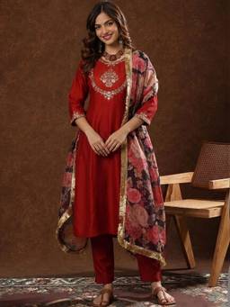 Gahan - Women-Zari Embroidered Yoke Anarkali Kurta With Pant & Dupatta - Maroon