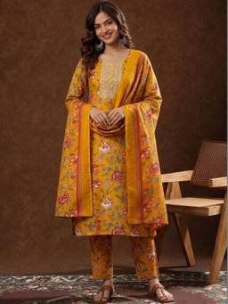 Gahan - Printed Anarkali Kurta Daily With Pant & Cotton Blend Dupatta - Mustard