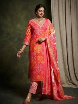 Gahan - Women Bandhani Printed V Neck Kurta With Pant & Dupatta - Orange