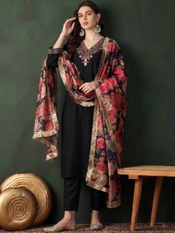 Gahan - Women-Zari Embroidered Kurta with Pant & Floral Printed Dupatta - Black