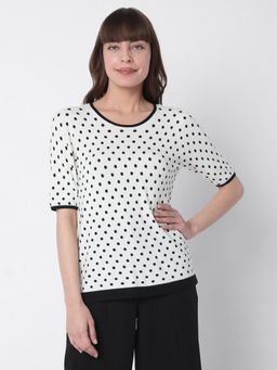VERO MODA - Women Round Neck Half Sleeve Dotted White Top