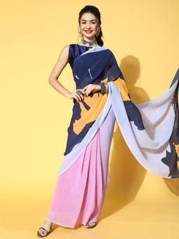 Odette - Women's Georgette Light Blue Printed Designer Saree with Unstitched Blouse