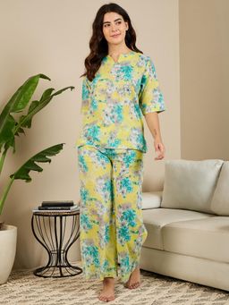 July Nightwear - Women Yellow Cotton Short Kurti with Pant - (Set of 2)