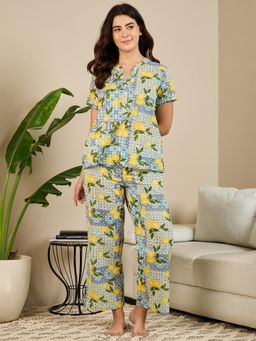 July Nightwear - Women Yellow Cotton Short Kurti with Pant - (Set of 2)