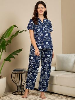 July Nightwear - Women Navy Blue Cotton Short Kurti with Pant - (Set of 2)