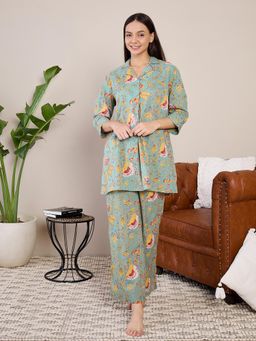 July Nightwear - Women Green Cotton Long Kurti with Pant - (Set of 2)