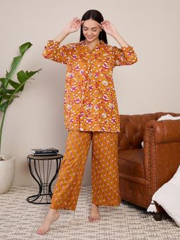 July Nightwear - Women Mustard Cotton Long Kurti with Pant - (Set of 2)