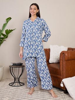 July Nightwear - Women Blue Cotton Long Kurti with Pant - (Set of 2)