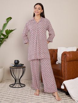 July Nightwear - Women Maroon Cotton Long Kurti with Pant - (Set of 2)