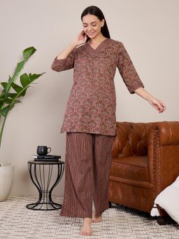 July Nightwear - Women Brown Cotton Long Kurti with Pant - (Set of 2)