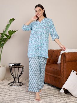 July Nightwear - Women Blue Cotton Long Kurti with Pant - (Set of 2)
