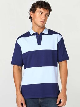 Bewakoof - Men's Blue Colorblock Applique Oversized Polo T-Shirt