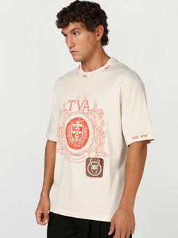Bewakoof - Men's Beige Tva Graphic Printed Oversized T-Shirt