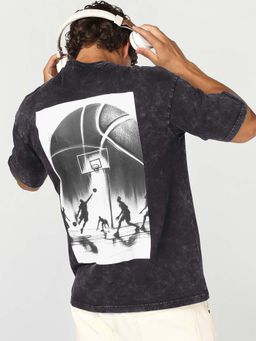 Bewakoof - Men's Grey Basket Ball Graphic Oversized Acid Wash T-Shirt