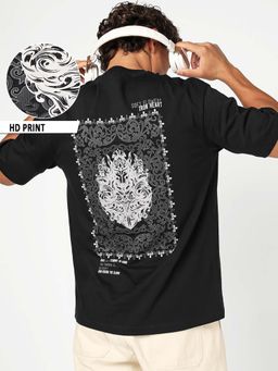 Bewakoof - Men's Jet Black Iron Heart Graphic Oversized T-Shirt