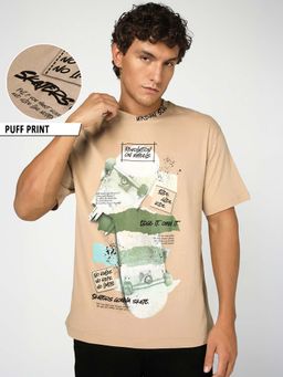 Bewakoof - Men's Ginger Root Beige Urban Soul Graphic Oversized T-Shirt