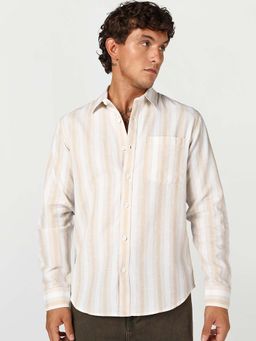 Bewakoof - Men's Beige Striped Cotton Linen Shirt