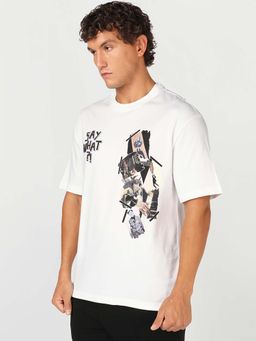 Bewakoof - Men's White Say What Graphic Oversized T-Shirt