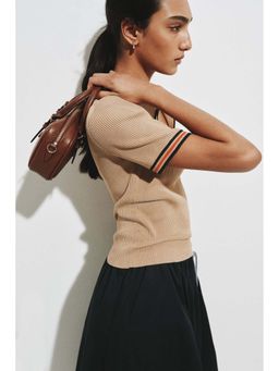 H&M - Women Beige Rib-Knit Polo T-Shirt