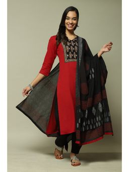 Biba - Red Cotton Unstitched Suit (Set of 3)