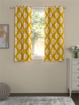 Urban Space - Cotton Window Curtains 5 Ft with Eyelets and TieBack 2 Pieces - Motif Mustard