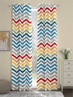 Urban Space - Cotton Door Curtains 7 Ft with Eyelets and TieBack 2 Pieces - Multi Blue Chevron
