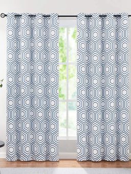 Urban Space - Cotton Long Door Curtains 8 Ft with Eyelets and TieBack 2 Pieces - Hexagon Blue