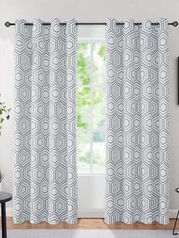 Urban Space - Cotton Window Curtains 5 Ft with Eyelets and TieBack 2 Pieces - Hexagon Grey