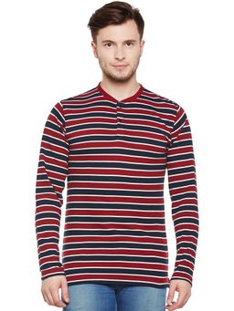 Club York - Men Maroon Striped Henley Neck T-Shirt