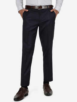 Metal - Men's Terry Rayon Solid Navy Blue Slim Fit Formal Trouser