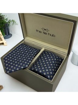 The Tie Hub - Men Navy Blue Printed Necktie with Pocket Square Gift Set (Set of 2)