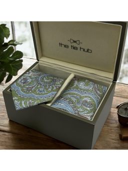 The Tie Hub - Men Blue Paisley Necktie with Pocket Square Gift Set (Set of 2)