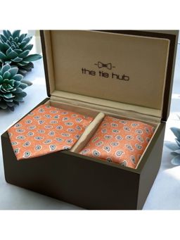 The Tie Hub - Men Orange Paisley Necktie with Pocket Square Gift Set (Set of 2)