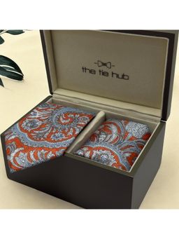 The Tie Hub - Men Orange Paisley Necktie with Pocket Square Gift Set (Set of 2)