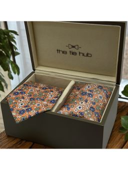 The Tie Hub - Men Orange Floral Necktie with Pocket Square Gift Set (Set of 2)
