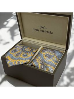 The Tie Hub - Men Yellow Paisley Necktie with Pocket Square Gift Set (Set of 2)