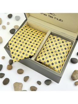 The Tie Hub - Men Yellow Printed Necktie with Pocket Square Gift Set (Set of 2)