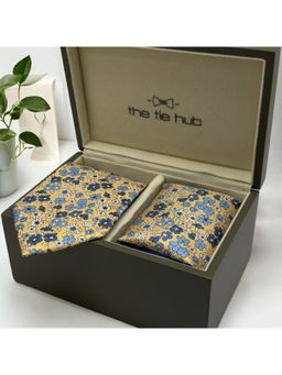 The Tie Hub - Men Yellow Floral Necktie with Pocket Square Gift Set (Set of 2)