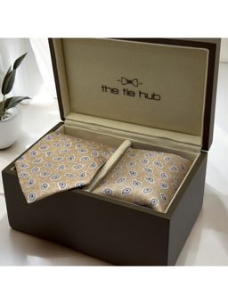 The Tie Hub - Men Beige Paisley Necktie with Pocket Square Gift Set (Set of 2)