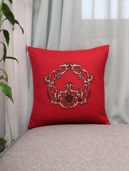Zeba World - ZEBA Cushion Cover Cotton Floral Aari and Hand Embroidery Red (16x16 inches)